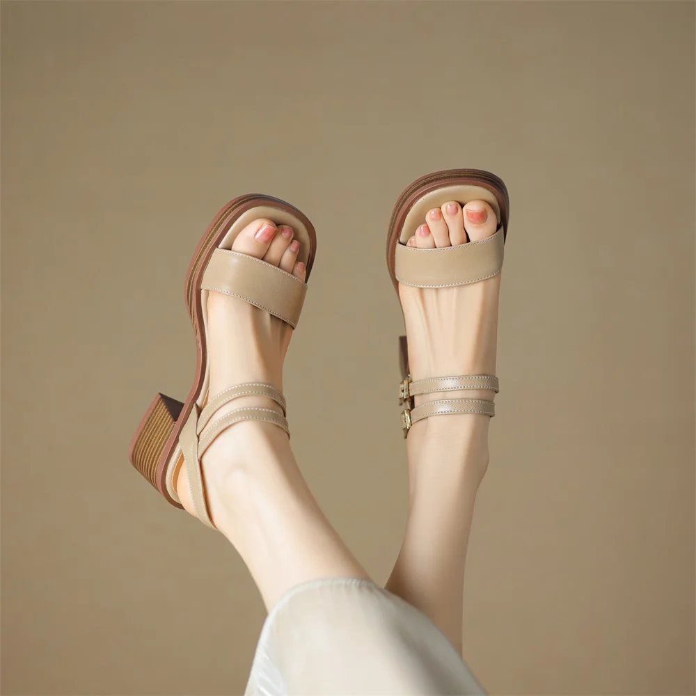 Taoffen Brand Casual Sandals Genuine Cow Leather Block Square Heel Women Roma Sandals Open Toe Retro Buckle Strap Lady Shoes