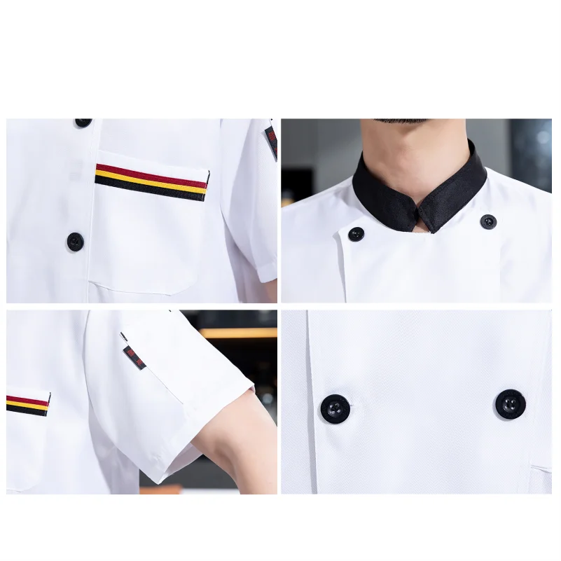 Vêtements de travail de Chef à manches courtes, hôtel Restaurant Cafeteri dos cuisine confort respirant uniforme de travail de Chef Logo personnalisé