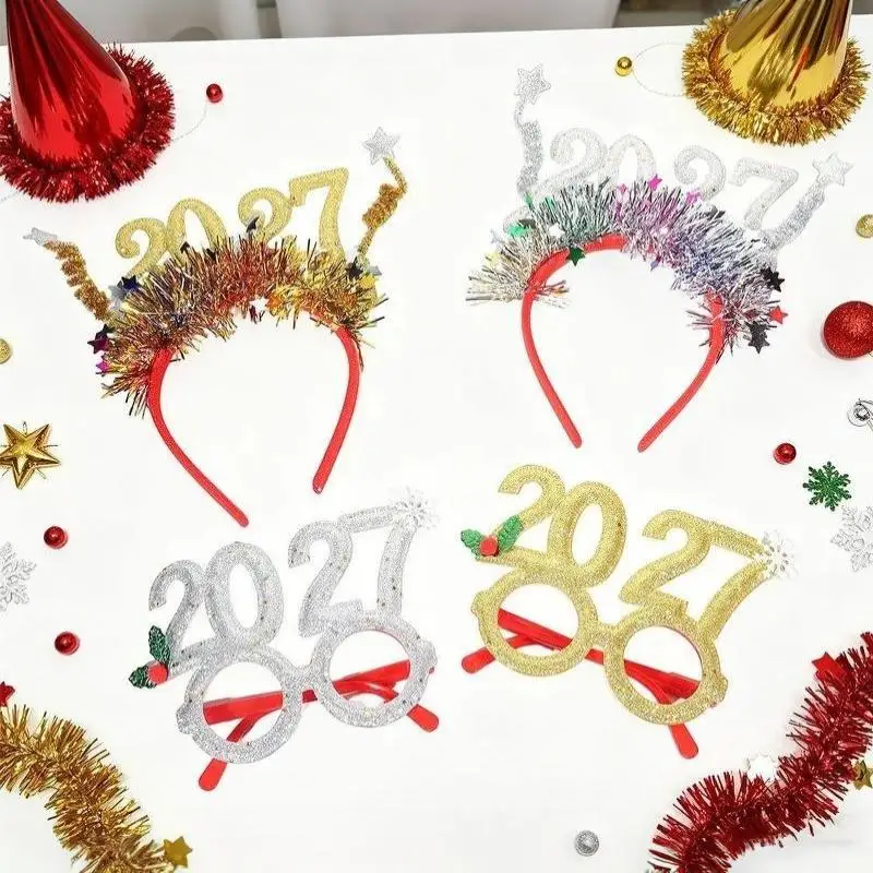 2027 Neujahrs-Thema Haaraccessoire Goldene Brille Roter Stern-Stirnband für Damen Karnevalsparty-Outfit Passend – Detail 7