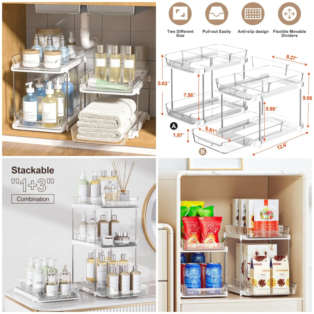

2-Tier Under Sink Organizer, Stackable Bathroom & Kitchen Storage with Movable Dividers, White, 2-Pack