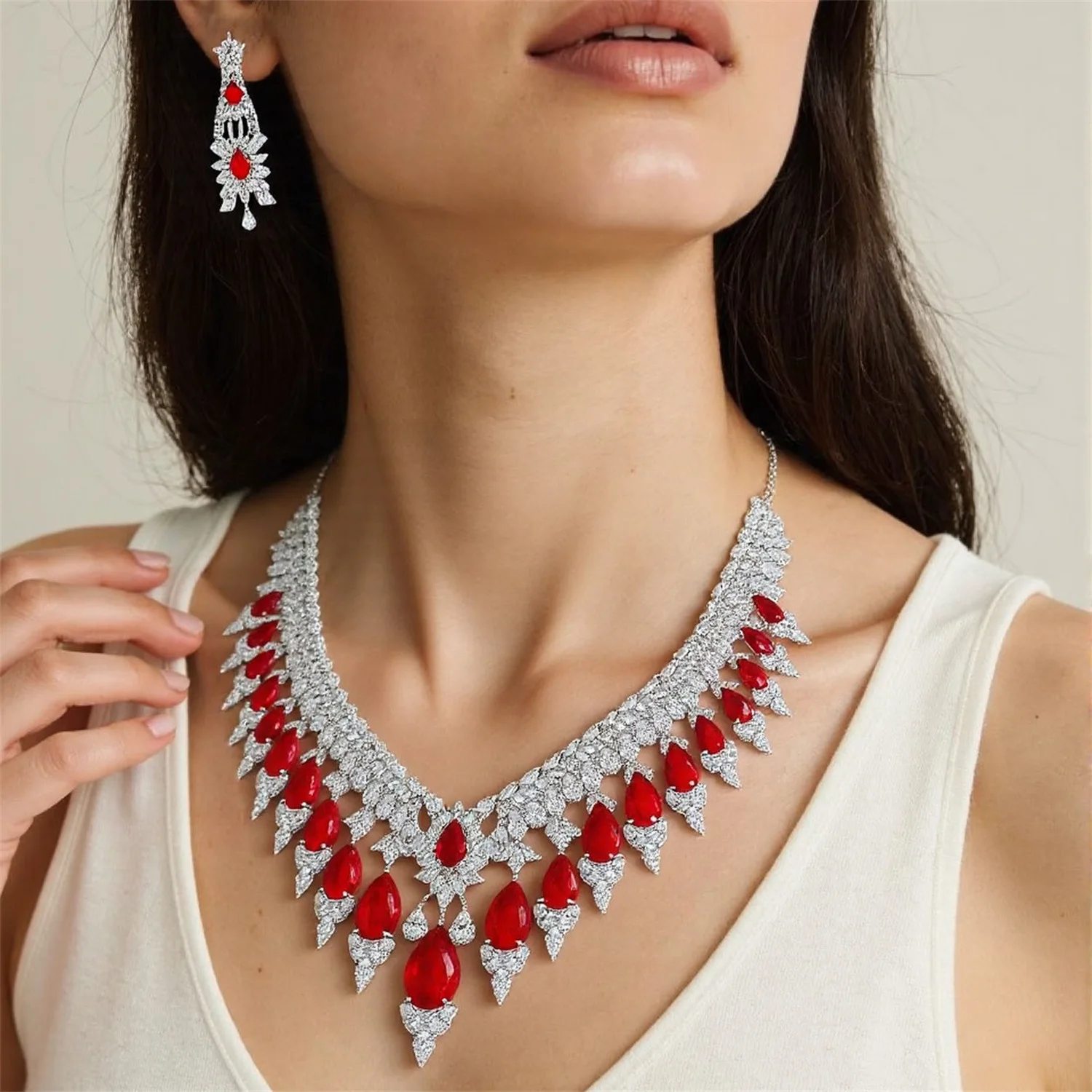 New Saudi Jewellery Elegant Gorgeous Ladies Multicolour Zirconia Set Summer Wedding Necklace Earrings Prom Event