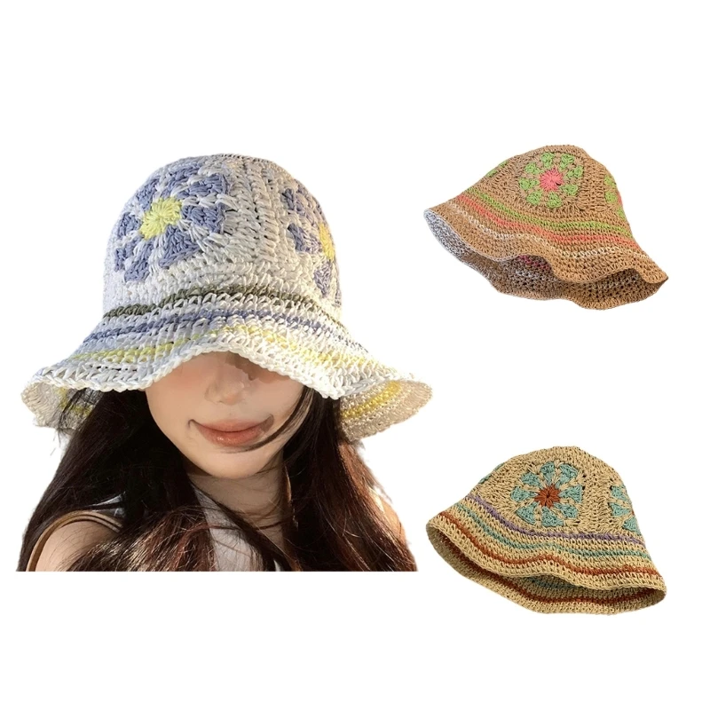 

Crochet Fisherman Hat for Female Fashion Flower Panama Hat Handwoven Bucket Straw Caps Vacation Hat Beach Dropshipping