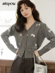 MISHOW Bow Grey V Neck Sweater Cardigan Women Cubic Bow Sweaters 2024 Autumn Single Breasted Versatile Casual Tops MXD45Z0808