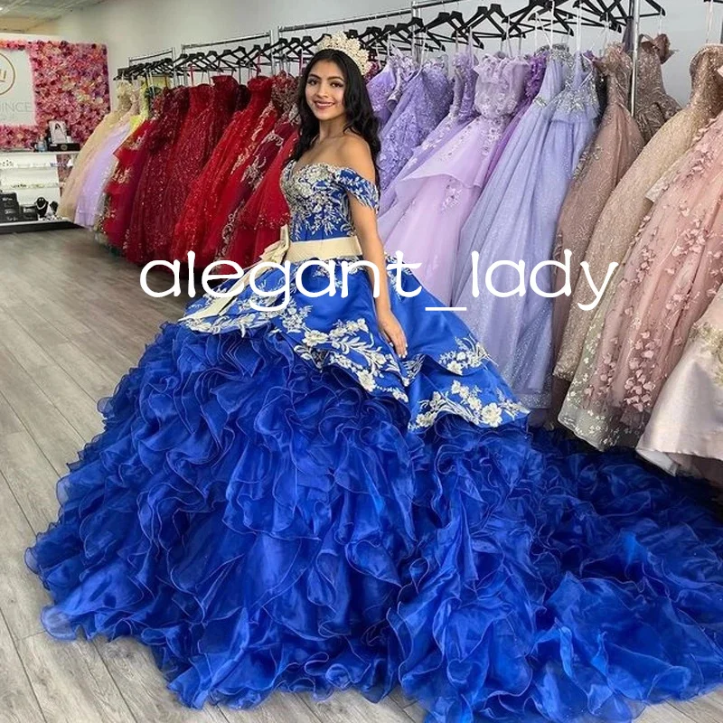 Abendkleider für 15 Jahre, königsblaues mexikanisches Quinceanera-Kleid mit Applikation, schulterfrei, süßes 16. XV Festa-Abschlusskleid, individuelle Größe