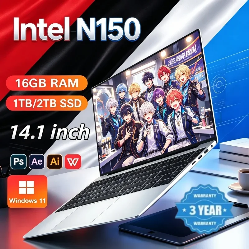 2026 Refined Intel Core N150 14.1 Inch Laptop 32GB RAM 2TB SSD Windows 11 Ultra Slim Gaming Gamer Office Notebook 1920x1080