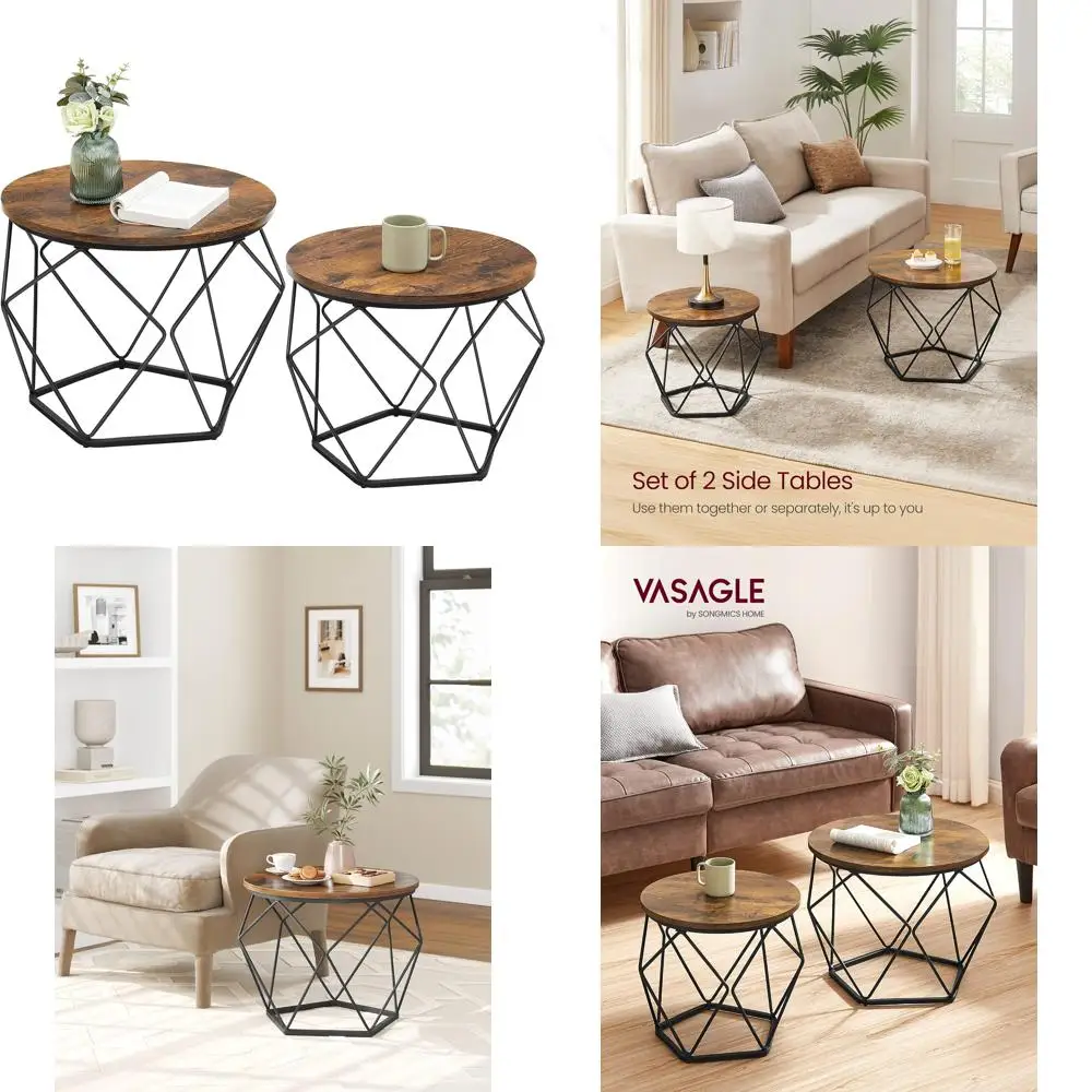 

Round Coffee Table Set of 2 with Steel Frame, Modern Side End Tables for Living Room, Bedroom, Office, Rustic Style
