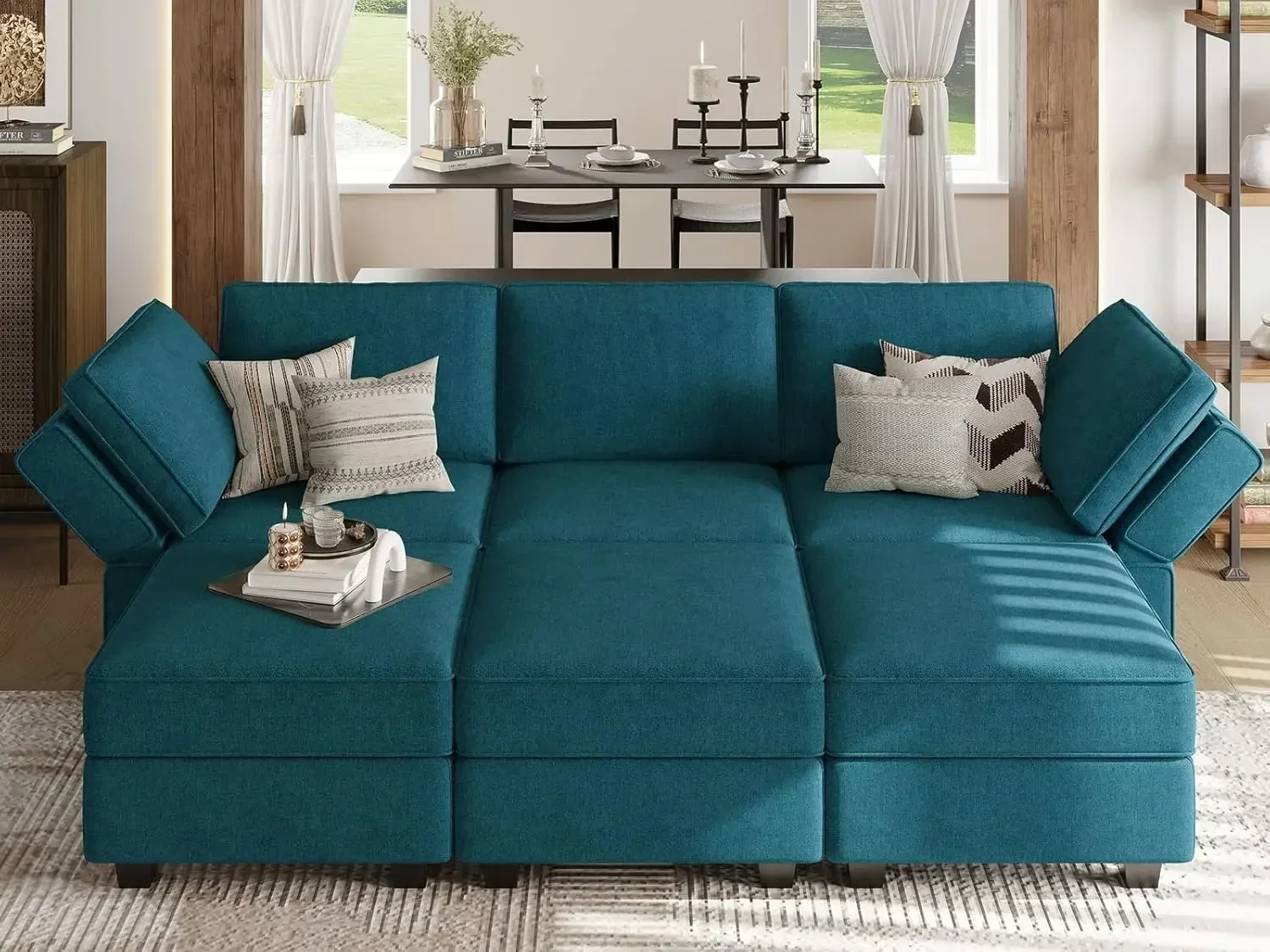 Modular Sofa Bed Modular Sectional Sleeper Sofa Convertible Sectional Couch Bed Set with Reversible Chaise Peacock Blue