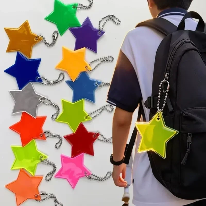Colorful Reflective Star Pendant Safety Y2K DIY Creative Keychain Backpack Hanging Charm Warning Reflector Key Tag Bead Chain