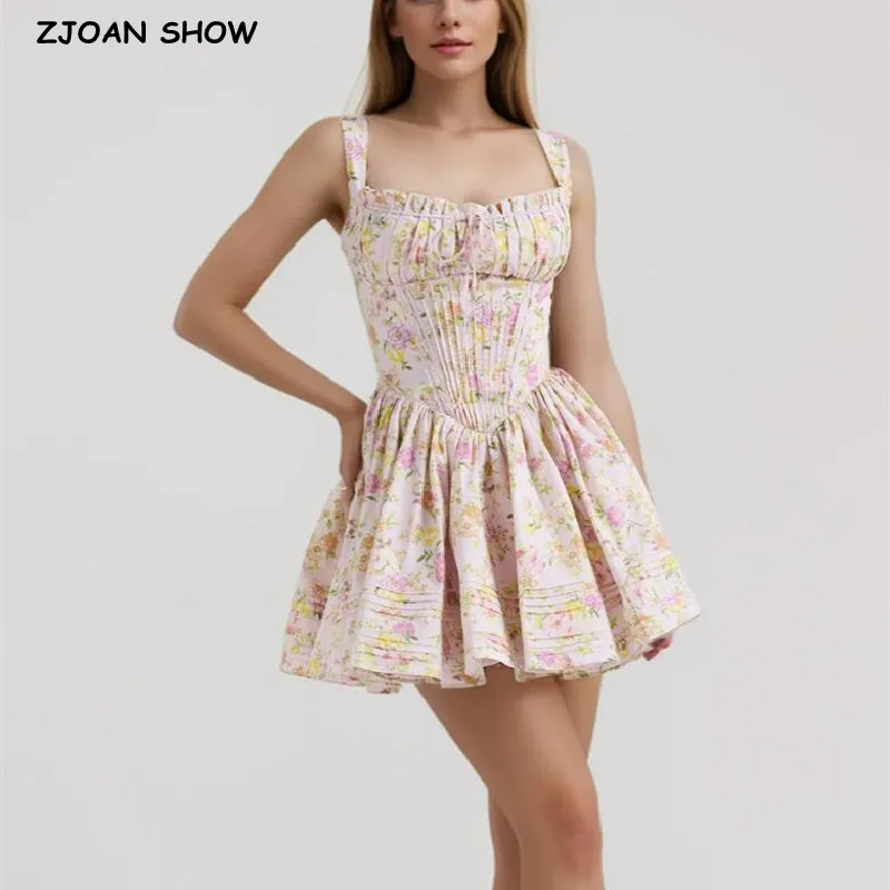 

2024 Sexy Flower Print Ruched Chest Corset Style Sling Dress Spliced Lace Bandage Slash Collar Bodycon Low Waist Mini Party Robe