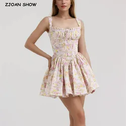 2024 Sexy Flower Print Ruched Chest Corset Style Sling Dress Spliced Lace Bandage Slash Collar Bodycon Low Waist Mini Party Robe