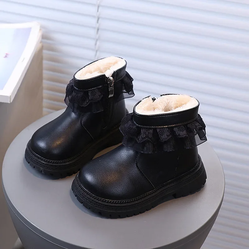 

Размер 21-30, модные кружевные теплые плюшевые сапоги для девочек, детские зимние сапоги, зимняя кожаная обувь для девочек, детские зимние сапоги на молнии