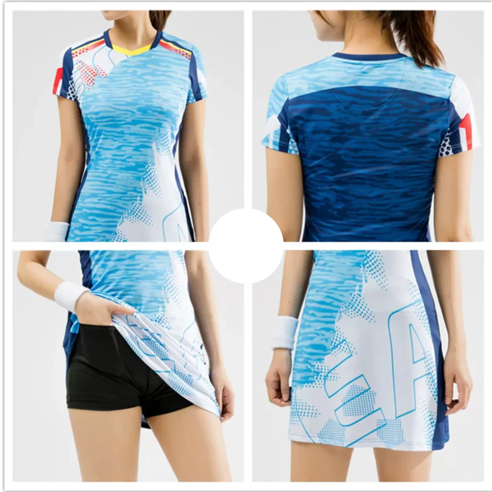 #M-3XL Women Quick-dry Moisture-wicking Short Sleeve Stylish Printed Sports Dress with Pocket Shorts for Golf Badminton Tennis