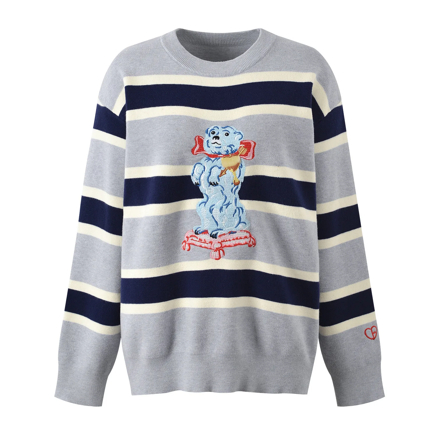 

Дизайнерский вязаный топ с вышивкой собаки, в полоску, с круглым вырезом и длинными рукавами, женский, для повседневной носки, осенняя новинка