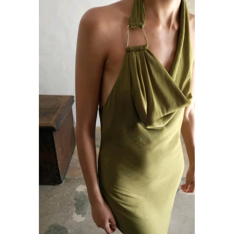 فستان حريري ساتان جديد للربيع بتصميم عتيق مثير مكشوف الظهر بياقة منسدلة وخصر مرتفع على شكل حرف A تنورة طويلة بأسلوب عملي صيفي