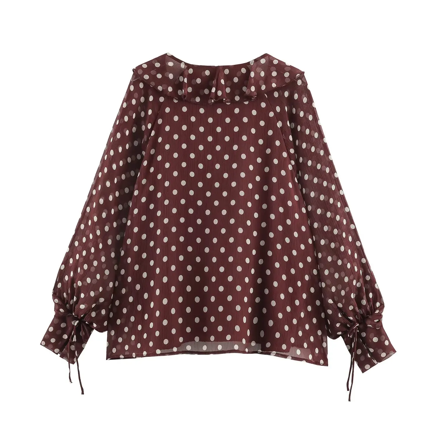 BSAY 2026 Herbst Vintage Polka Dot Damenbluse mit V-Ausschnitt, geschichtetem Rüschensaum, Laternenärmeln, Kordelzug am Ärmelbund und lässigem Schnitt – Detail 4