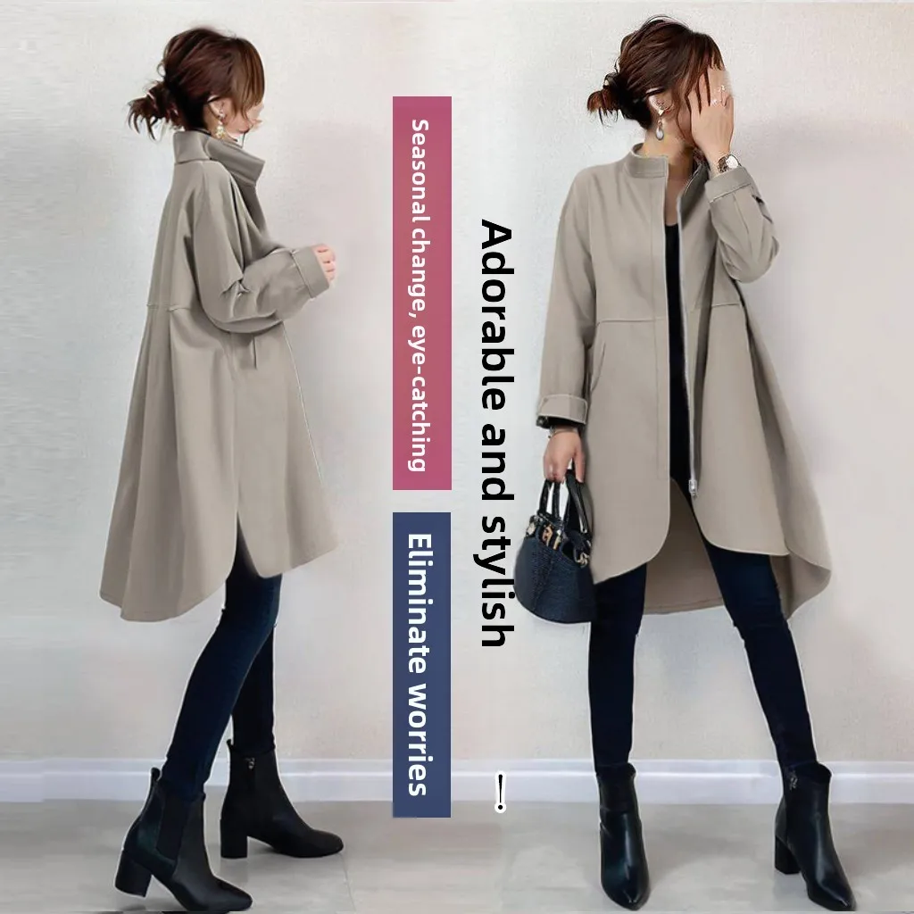 

Casual Zipper round Ne Windbreaker Japanese Sle Autumn New Arrival Women's Organic Cotton Coat Regular Thin