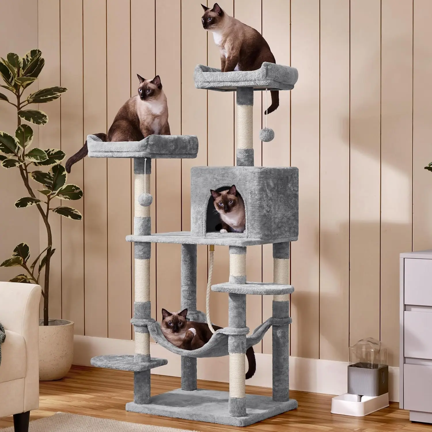 59in Cat Tree for Multiple Cats, Multi-Level Activity Tower w/Hammock, Condo, Perches, Extended Platforms for Climbing & Jumping