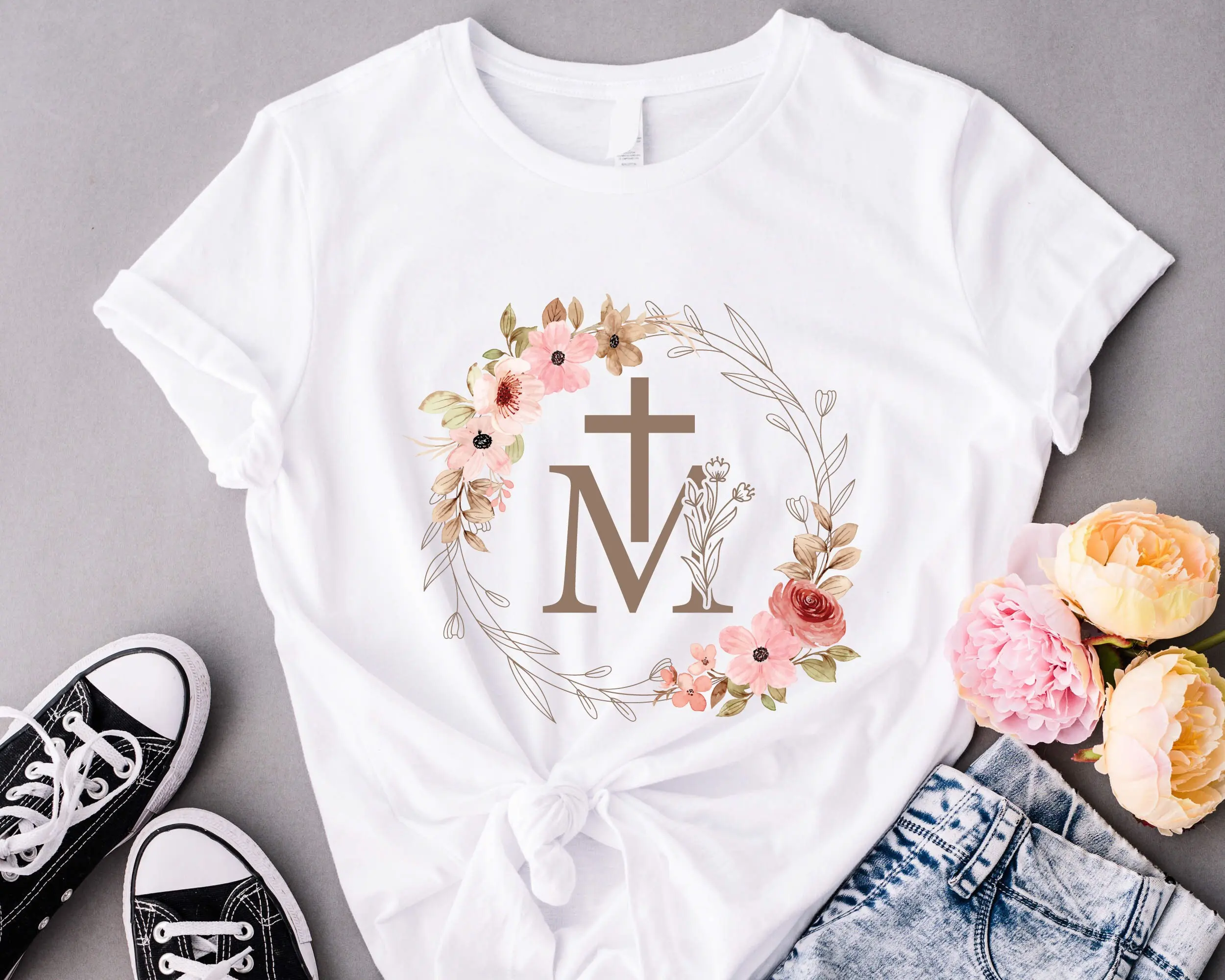 Flower Wreath Cross Print Women Easter T-shirt 2024 Hot Sale Fashion Literary Easter Female Shirt Voguish Casual Easter Girl Tee