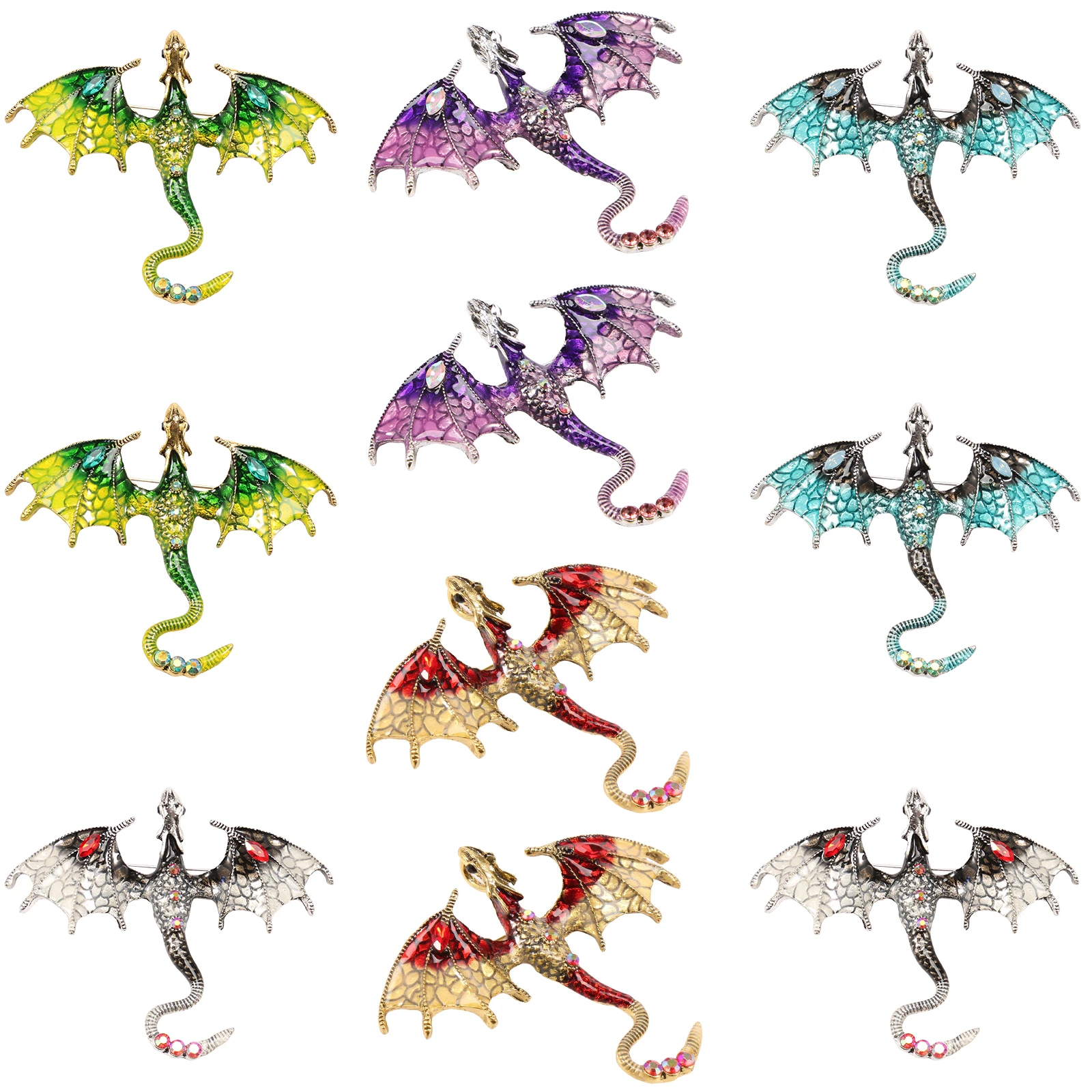10 Stück modische Legierungs-Emaille-Brosche in fliegender Drache, Vintage-Stil, gespreizter Flügel-Drachen-Stil, Anhänger-Set für Halskette und Schmuck