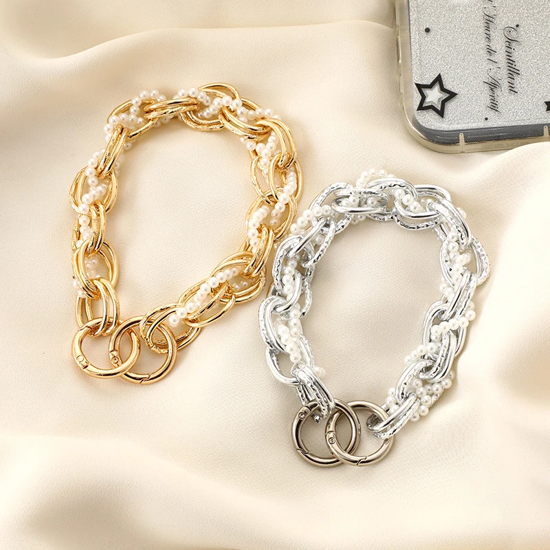 DIY Jewelry Accessories Pearl Double Buckle Mobile Phone Case Keychain Lanyard Metal Chain