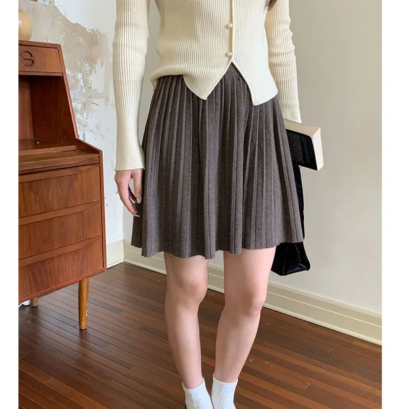 Femmes automne Mini Jupe taille haute tricoté matériel a-ligne jupes plissées haute qualité vêtements Jupe Femme Faldas Jupe Saia