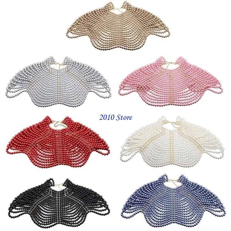 

F3MF Handmade Beaded Shoulder Chain Necklace Imitation Pearls Shawl Multi Layer Tassels Statement Fashion Jewelry for Women