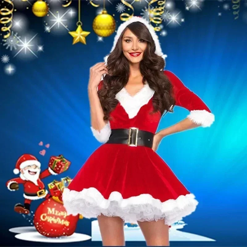 2024 Adulti Della Signora Delle Donne Slim Fit Con Cappuccio Sexy Velluto Vestito Di Natale Costumi Femminile Babbo Natale Cosplay Festa di Natale Vestito Operato