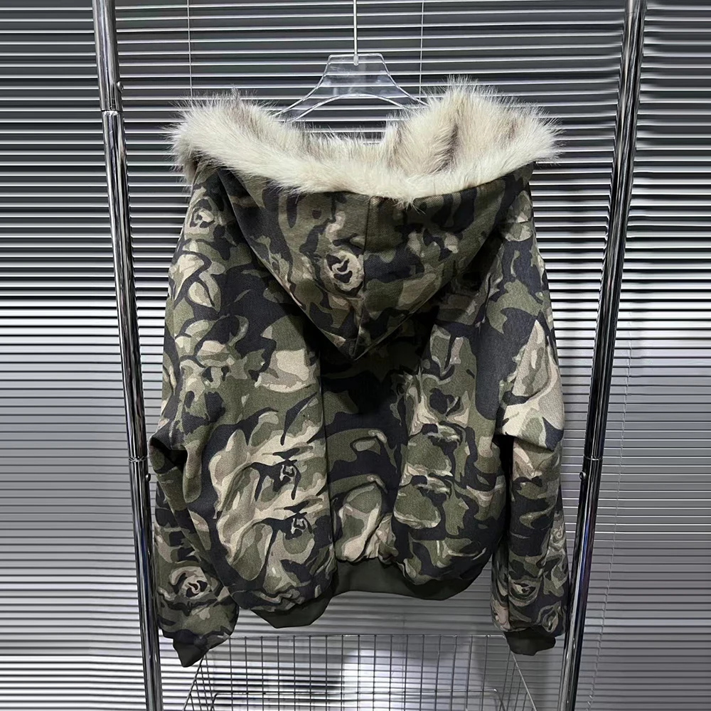 TWOTWINSTYLE Camouflage Spliced Fur Jacket For Women Hooded Long Sleeve Patchwork Zipper Casual Chic Coat Female Fashion Clothes