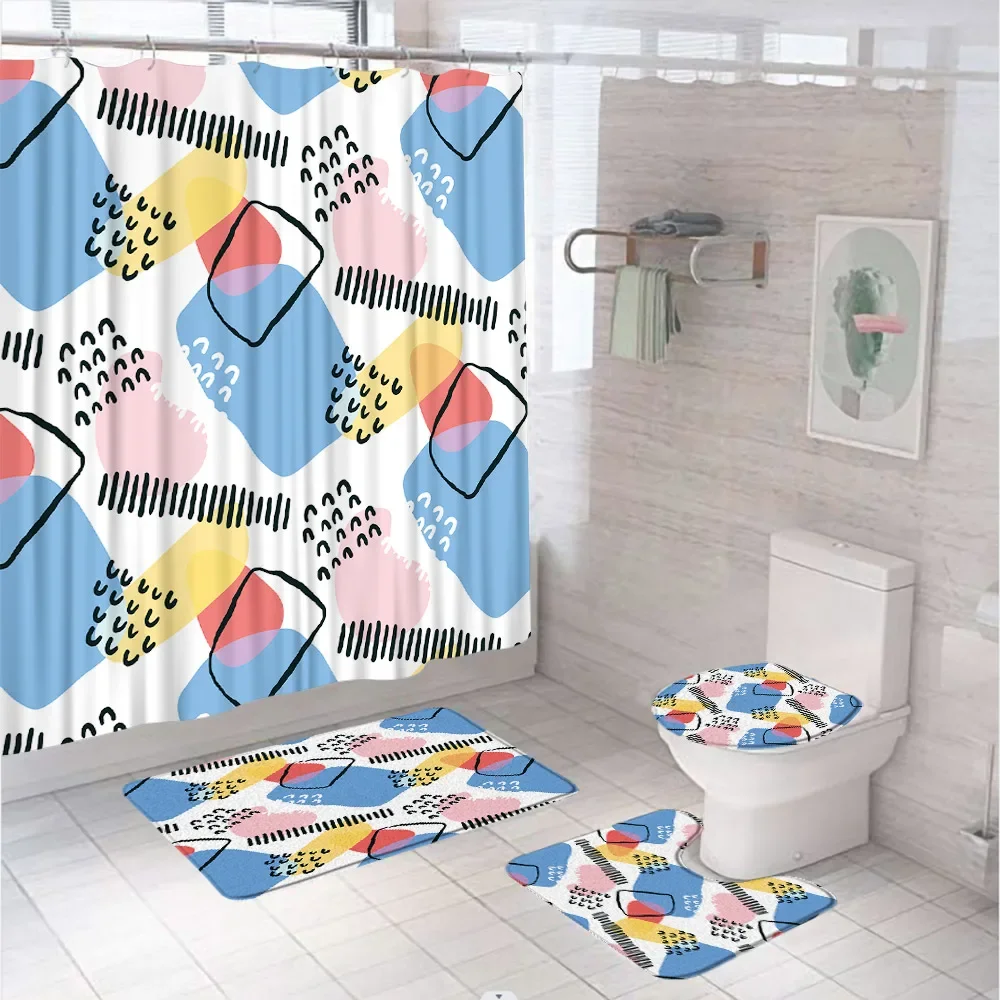 Abstract Leaves Shower Curtain Sets Colorful Medieval Flowers Art Design Bathroom Decor Non-Slip Rugs Toilet Lid Cover Bath Mats