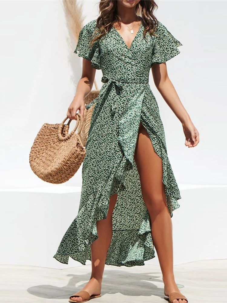 

2023 Summer Beach Maxi Dress Women Floral Print Boho Long Chiffon Dress Ruffles Wrap Casual V-Neck Split Sexy Party Dress Robe