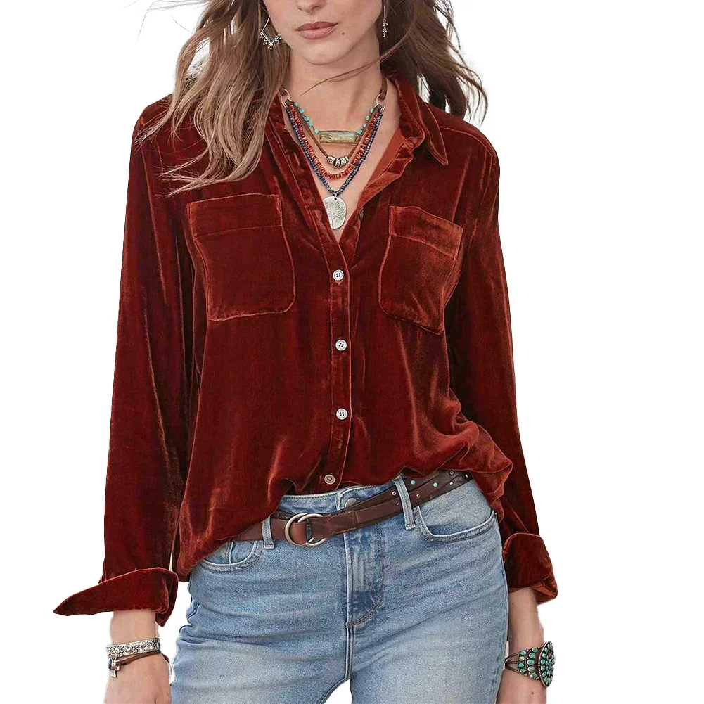 Brand New High Quality Shirts V-neck Fashion Spring Autumn Women Retro Velvet Blouse ArmyGreen Brick Red Gold Velvet