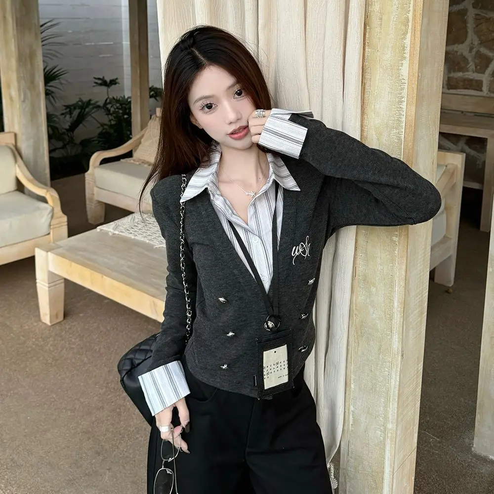 

American Retro Spicy Girl Spring New Sle Knitted Long Sve Collar Fake Two-Piece Patchwork Women's Top Ci Walk