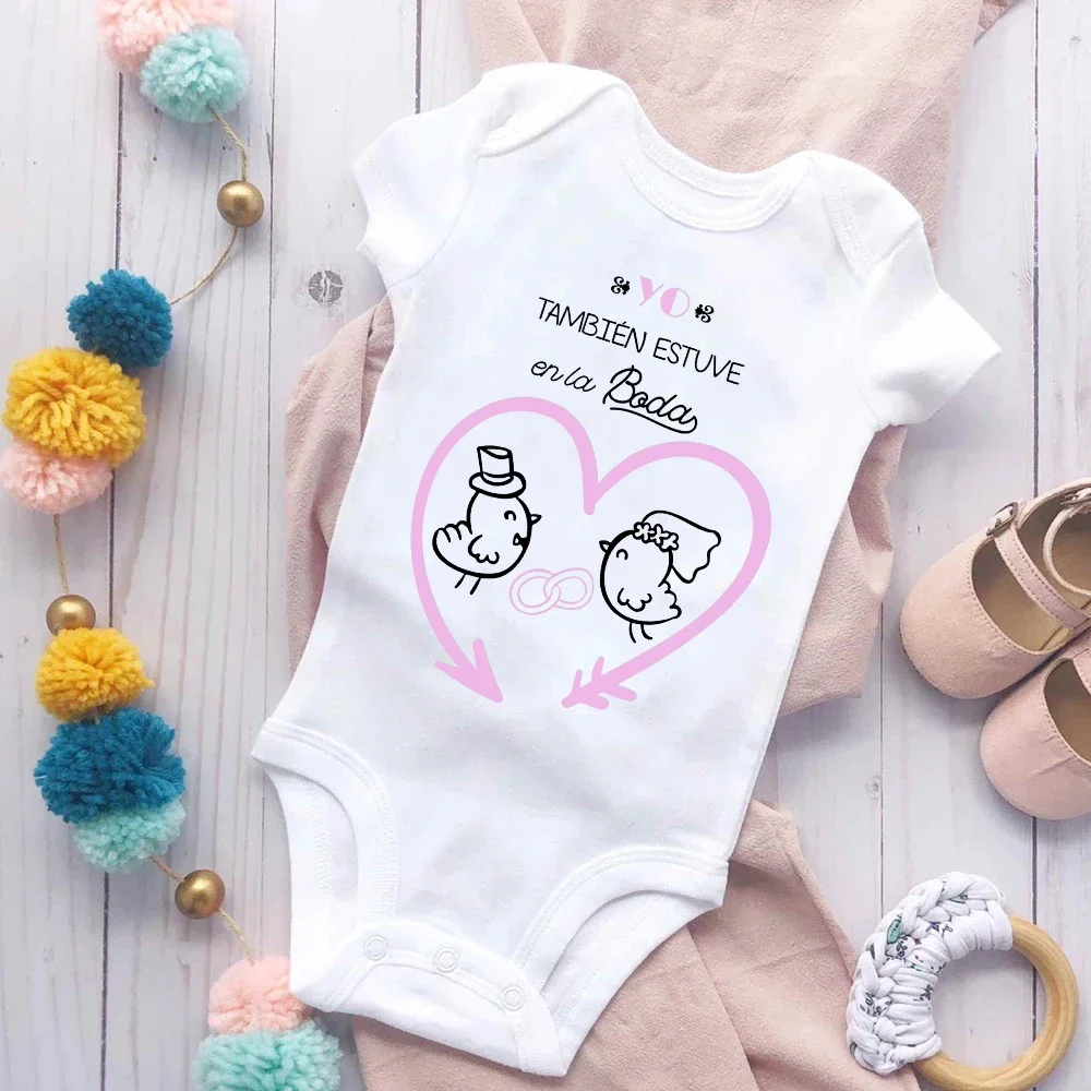 Eu Também Participou do Casamento Estampado Romper Do Bebê, Manga Curta, Gola redonda Infantil Bodysuit, Casual Comfort Macacão, Roupas De Casamento