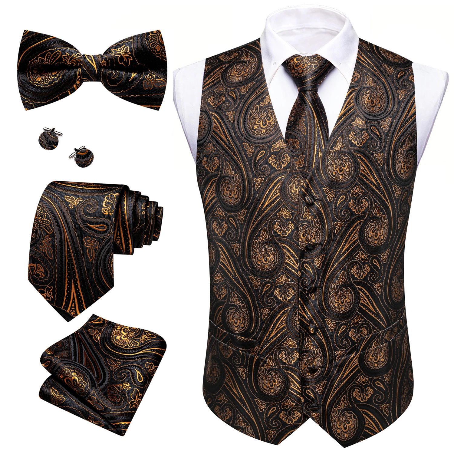 Luxuriöse Jacquard-Herrenanzugweste mit V-Ausschnitt, passende Krawatte, Fliege, Einstecktuch und Manschettenknöpfe im Set für Hochzeit, Party, formelle und legere Anlässe – Detail 1