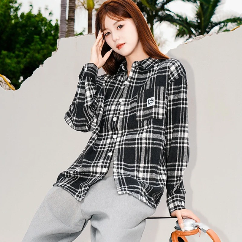 

High Street Plaid Shirt Women 2025 Autumn Long Sleeve Top Female Vintage Single Breasted Blouse Ladies Preppy Loose Check Shirts