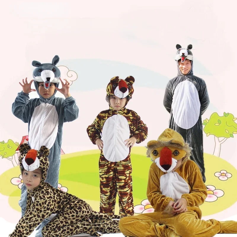 Kinderen Volwassen Bos Dieren Wolf Tijger Luipaard Leeuw Kostuum Hoeden Cartoon Pluche Fancy Dress Cosplay Show Gift Halloween