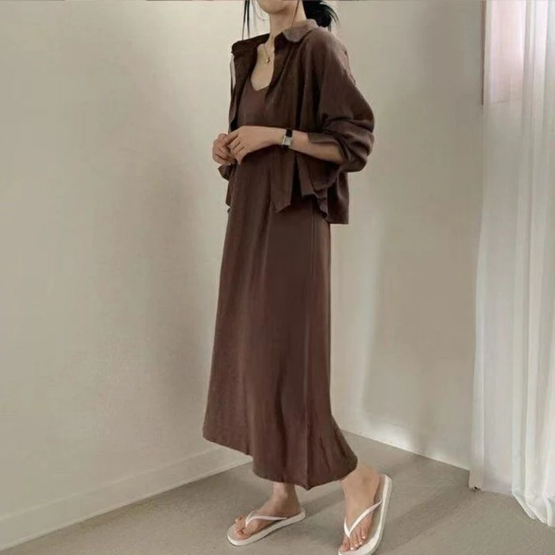 Two Piece Sets Women Korean Style Retro Cropped Shirts Outerwear Simple Baggy Tender Sleeveless Elegant Feminine Long Dresses