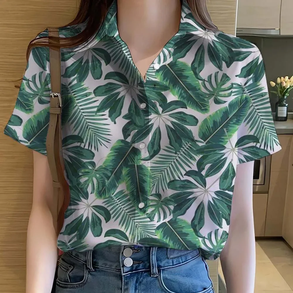 Damen-Hemden, tropische Pflanzenblätter, 3D-gedrucktes hawaiianisches Kurzarm-Strandhemd mit Knöpfen, Sommer, lässige Streetwear, weibliche Blusen