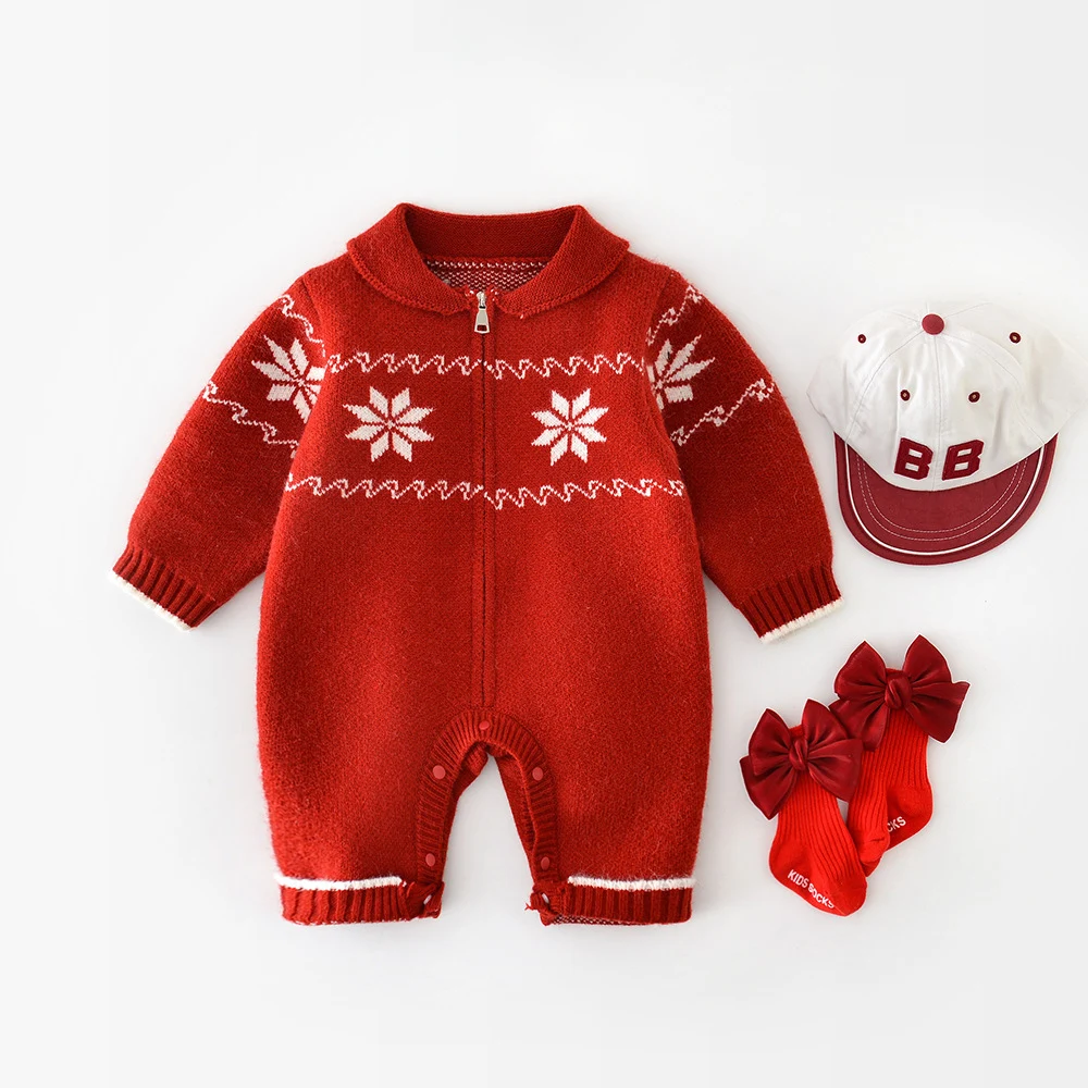 

FINEPAT 2025 Autumn New Korean Style Children's Red Snowflake Fleece Pajama Set with Knitted Wrap-in-one-piece