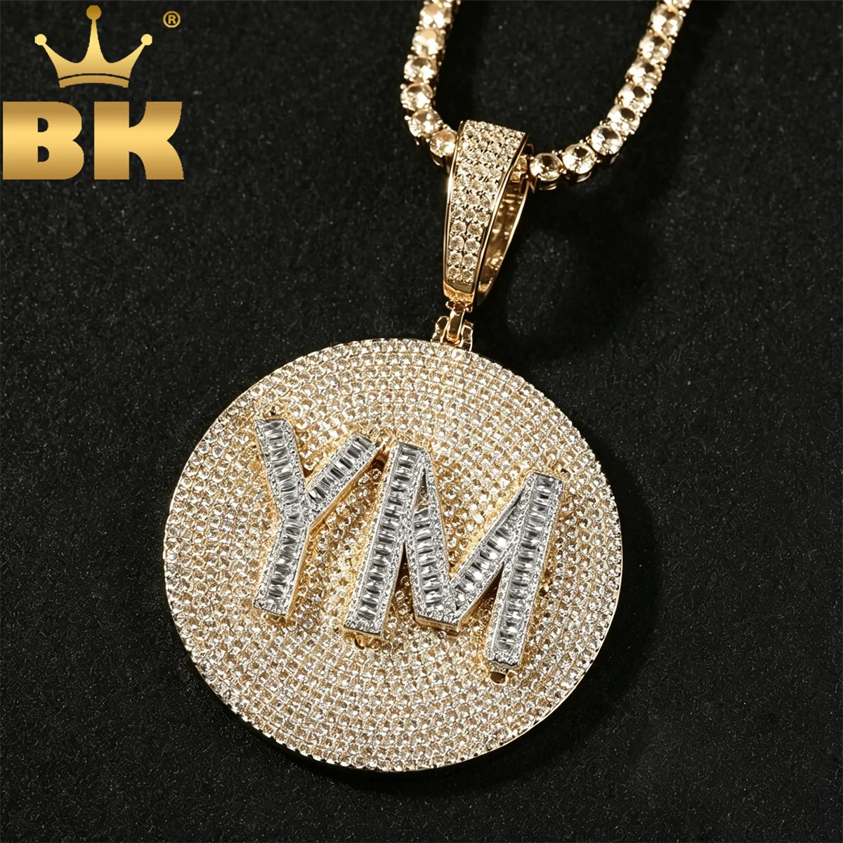 

THE BLING KING Custom Baguettecz Initial Letters Round Pendant Necklace Paved Cubic Zircon Men Women Hiphop Jewelry