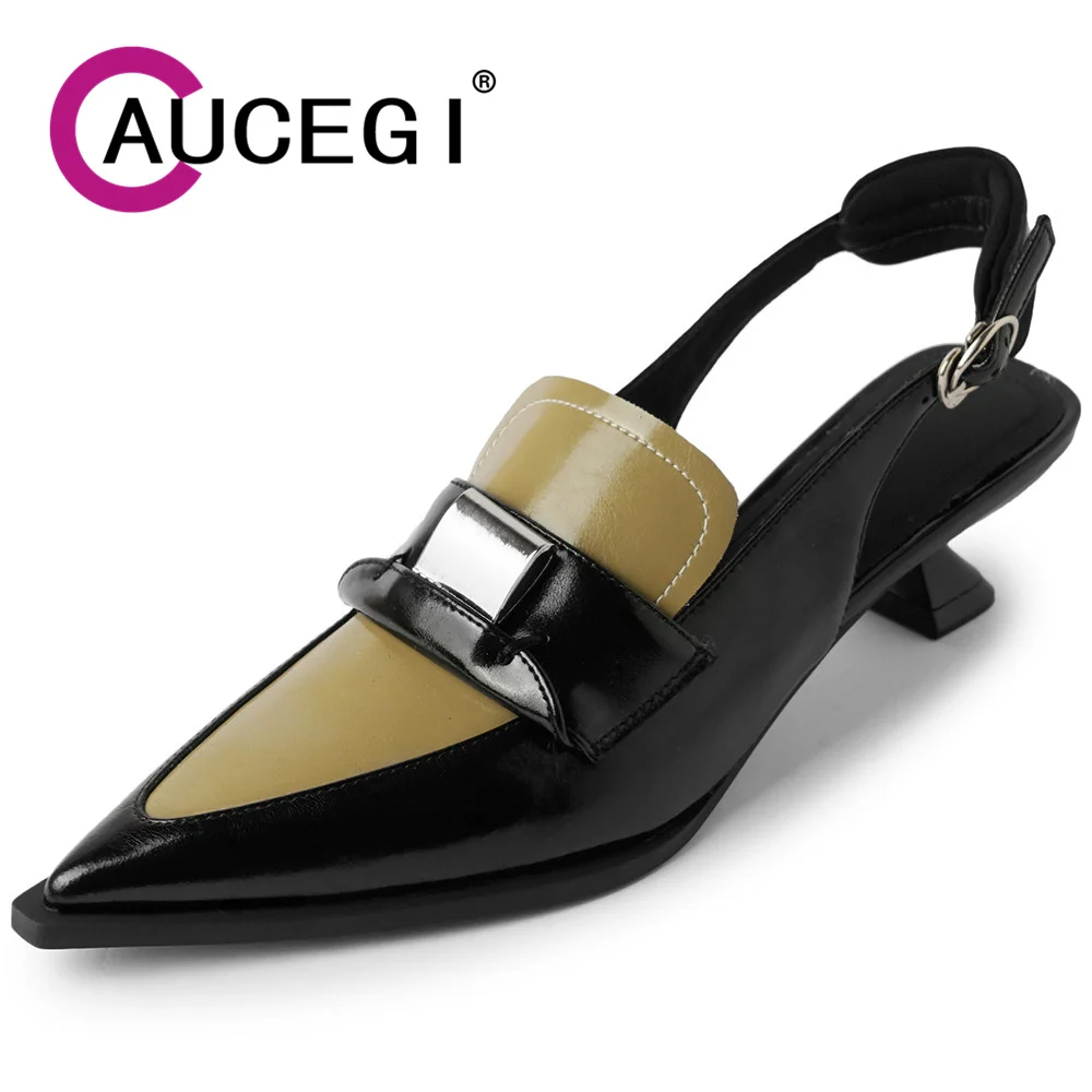 

Aucegi New Trend Mixed Color Genuine Leather Sexy Slingbacks Pumps Women Pointed Toe Kitten-Heels Wedding Party Handmade Shoes