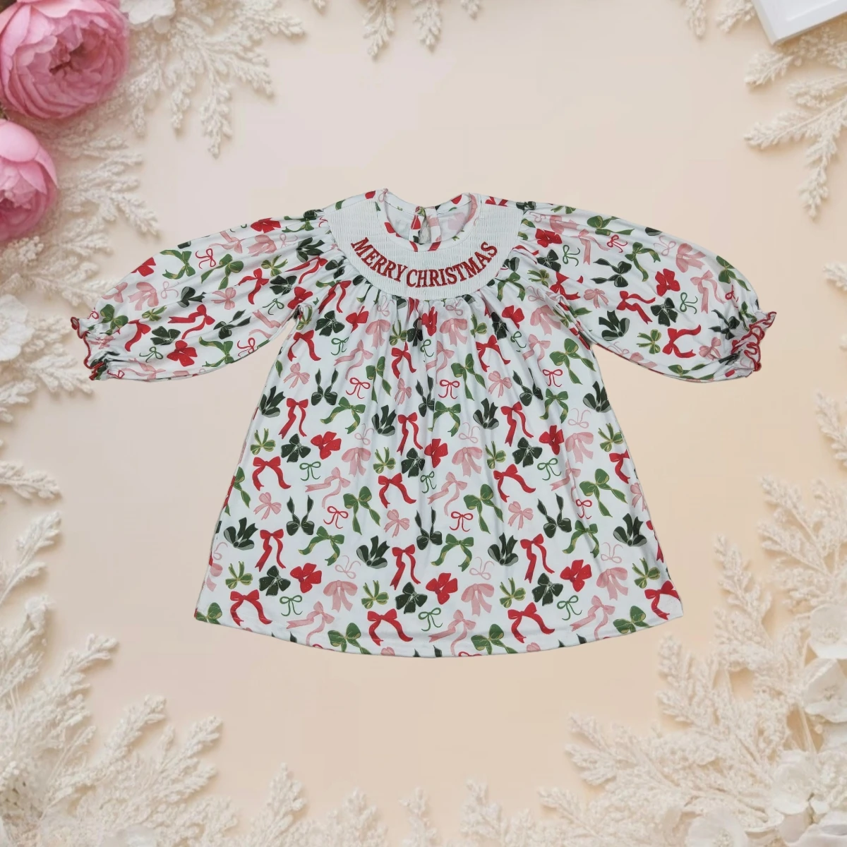 

Kids Dress Baby Girl Casual Wear Toddler Smocked Knee Length Dresses Long Sleeve Embroidery Smocked Christmas Children Clothes