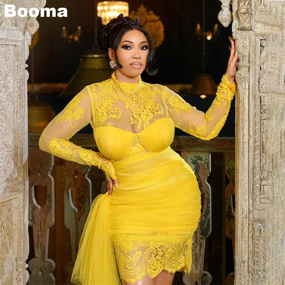 Booma Yellow Mermaid Lace Prom Dresses O Neck Long Sleeves Cocktail Dress with Draped Train Special Occasion Gown Customized