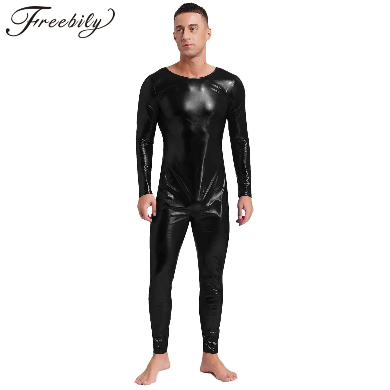 

Mens Metallic Shiny Unitard Gymnastics Jumpsuit Dancewear Round Neck Long Sleeve Full Body Bodysuit One-piece Stage Costumes