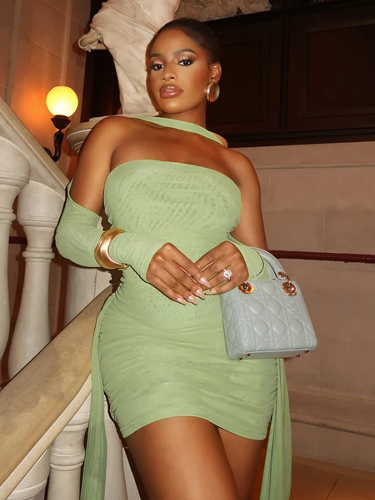 kliou Mesh Simple Women Mini Dress Fashion Solid Strapless Ribbons Tassel Body-shaping Vestidos+Seperately Full Sleeve Gloves - Image 6