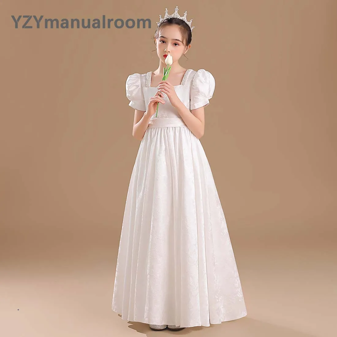 Noble and Elegant  Pear Blossom Satin Girl Dress For Gir Kids Long Junior Concert Birthday Party Pageant Gown Princess Ball Gown