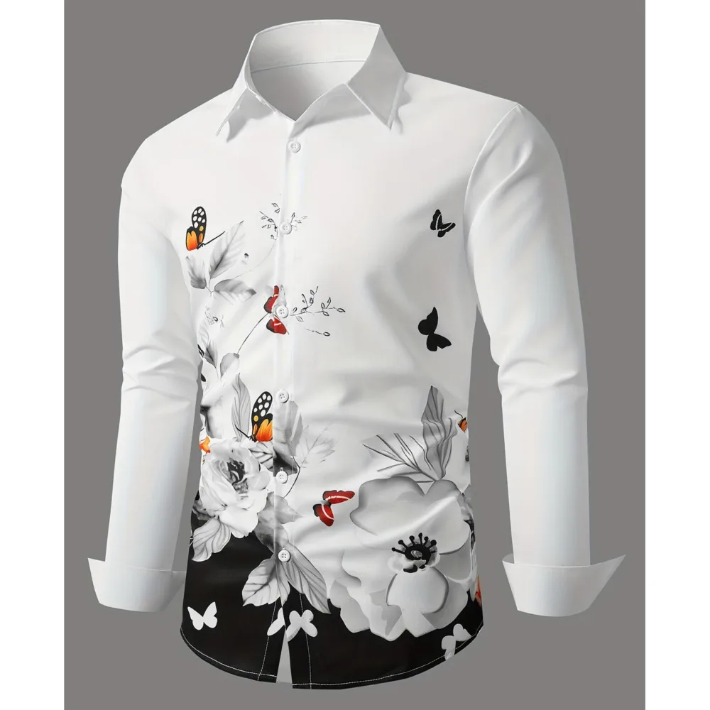Men 3D Butterfly Printed Lapel Shirt Slim Button Party Dress Shirt Athletic Casual Fashion Comfortable New Long Sleeve Shirt Top