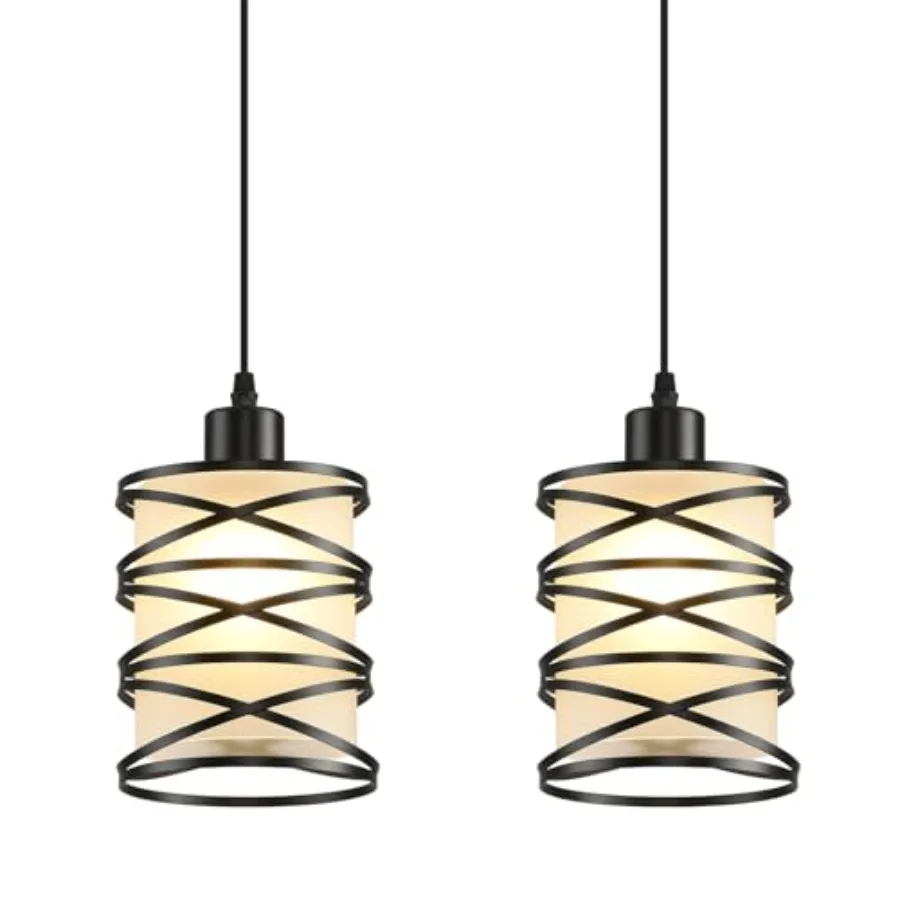 

2 Pack Pendant Light Kitchen Island Pendant Lighting Hanging Light with Spiral Cage Frosted Glass Shade Black Modern Indoor Han