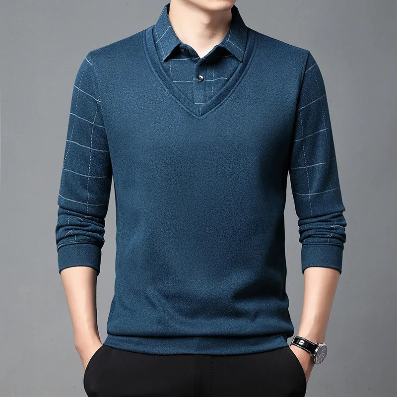 Autumn New Men's Long Sleeve Fake Two-Piece T-shirts Casual Dad Wear Plaid Stitching Bottoming Shirt