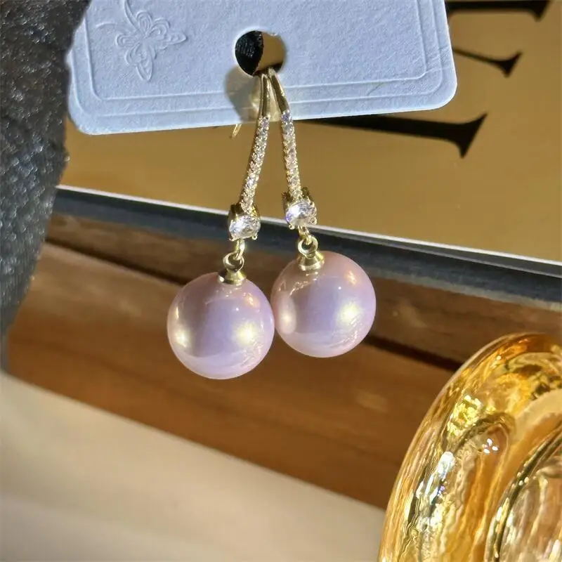 High-grade Korean fashion pearl earrings femininity trend zircon earrings simple light luxury pink hook earrings